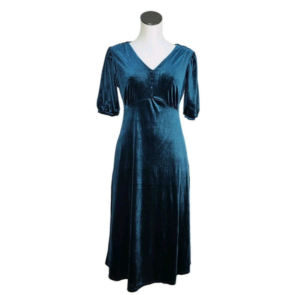 Briggs New York Women's XL Holiday Velvet Midi Dress Vneck Stretch Teal Blue - Picture 3 of 13
